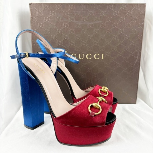 Gucci Claudie Horsebit Satin Platform Sandal Heel Blue Red EU 38.5 Designer - Picture 1 of 11
